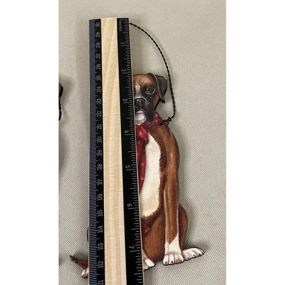 Boxer Red Scarf Dog Holiday Christmas Wood Ornament‎ Wire Hanger NEW Set Of 2 - Picture 2 of 3